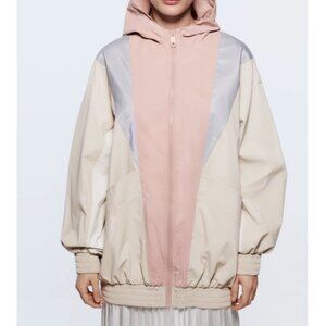 Zara retro pastel pink, off white and blue rubberized hooded jacket EUC